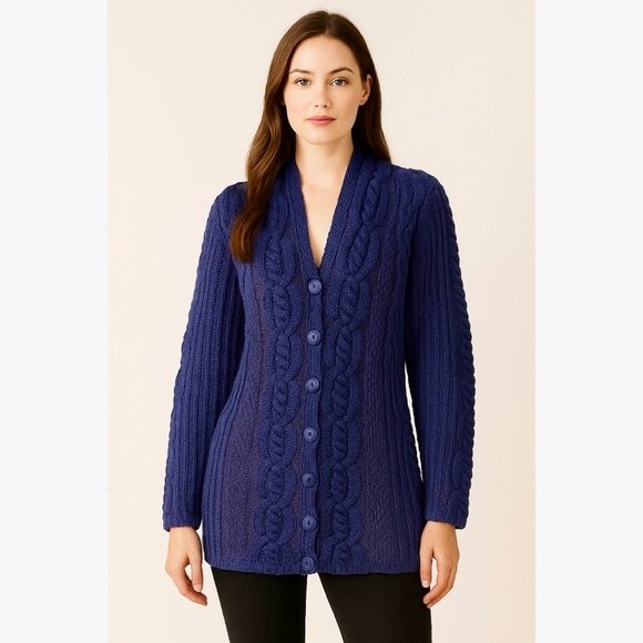 ARANCRAFTS Aran Crafts Merino Wool Purple Blue Cardigan Sweater Ireland Small - Picture 1 of 11